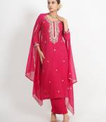 Red ' patrika gate' hand embroidered  silk crepe  womens  suit- set of 3