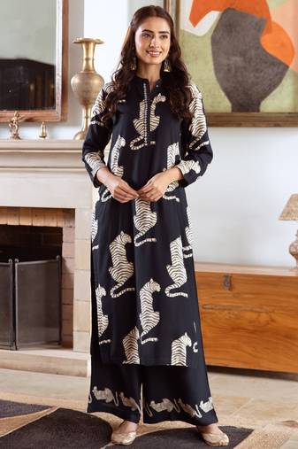 midnight black printed cotton kurta sets
