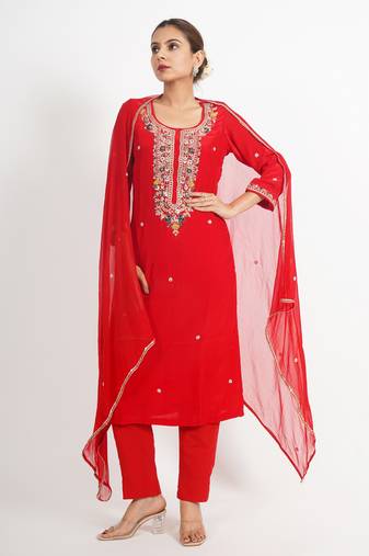 Red 'motimahal' hand embroidered silk crepe womens  suit- set of 3