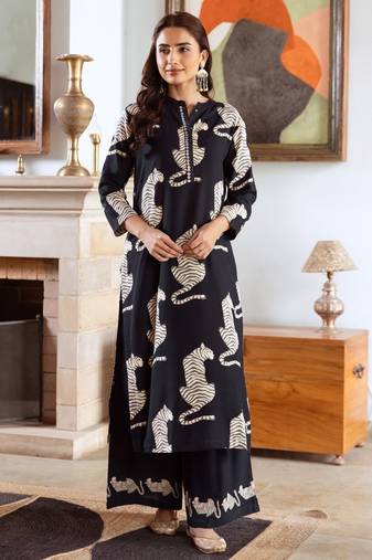 onyx black printed cotton kurta sets