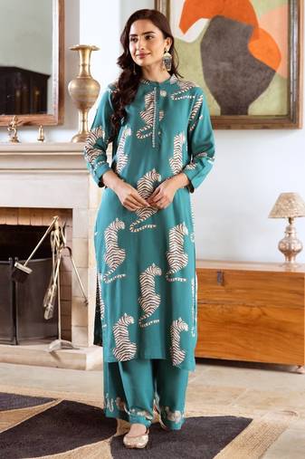 lapis green printed cotton kurta sets
