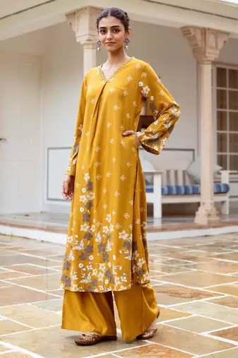 amber dark yellow printed cotton kurta sets