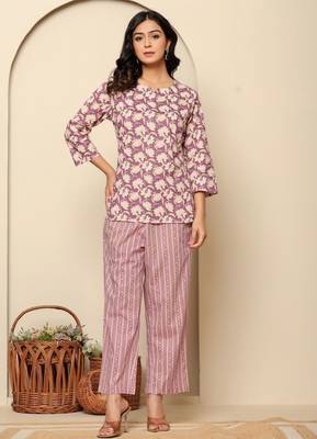 Purple printed cotton coord set 1