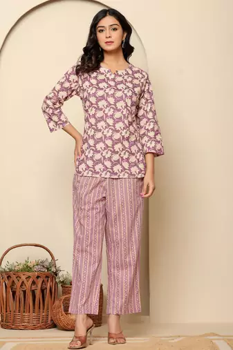 Purple printed cotton coord set