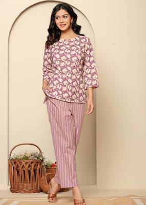 Purple printed cotton coord set 3