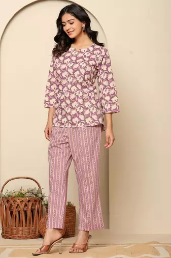 Purple printed cotton coord set