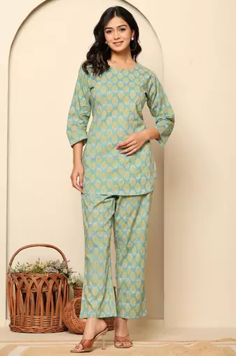 Green printed cotton coord set