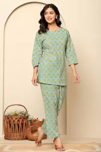 Green printed cotton coord set