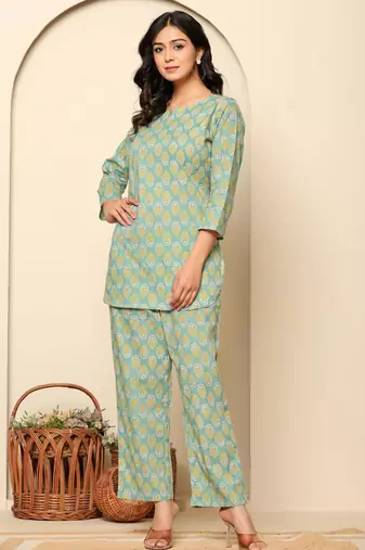 Green printed cotton coord set
