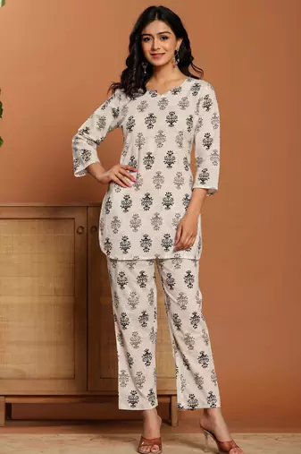 White printed cotton coord set