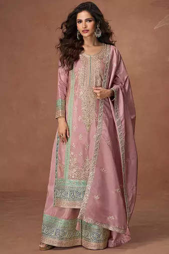 Pink embroidery sequin work silk palazzo