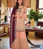 Peach embroidery & sequence work faux georgette palazzo