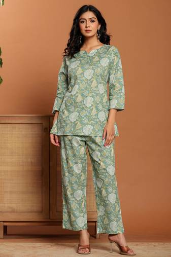 Green printed cotton coord set
