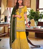 Yellow embroidery & sequence work faux georgette palazzo