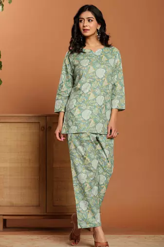 Green printed cotton coord set