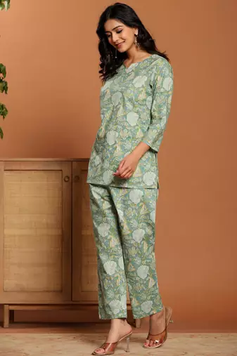 Green printed cotton coord set