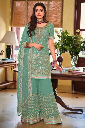 Sea green embroidery & sequence work faux georgette palazzo