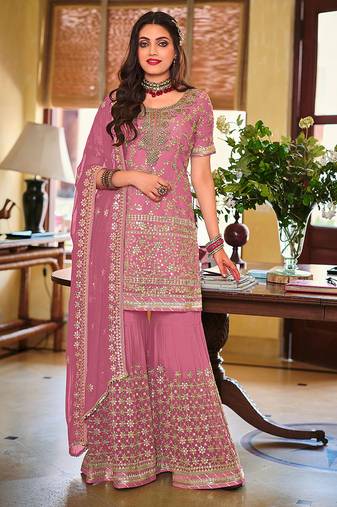 Pink embroidery & sequence work faux georgette palazzo