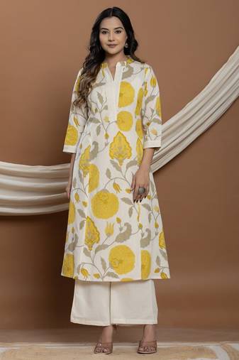sunshine dark yellow printed cotton kurta sets