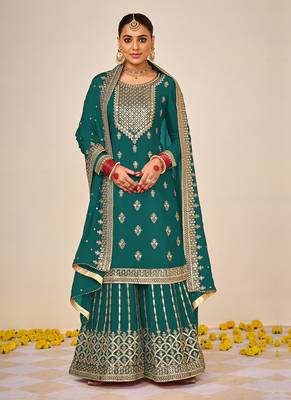 Green embroidery & sequence work faux georgette palazzo 1