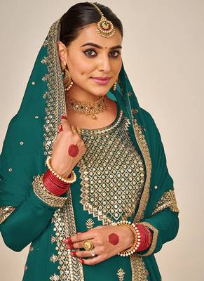 Green embroidery & sequence work faux georgette palazzo 2