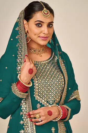 Green embroidery & sequence work faux georgette palazzo