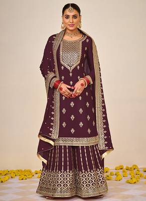 Brown embroidery & sequence work faux georgette palazzo 1