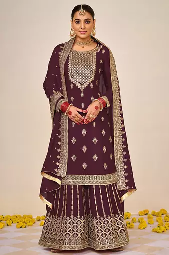 Brown embroidery & sequence work faux georgette palazzo