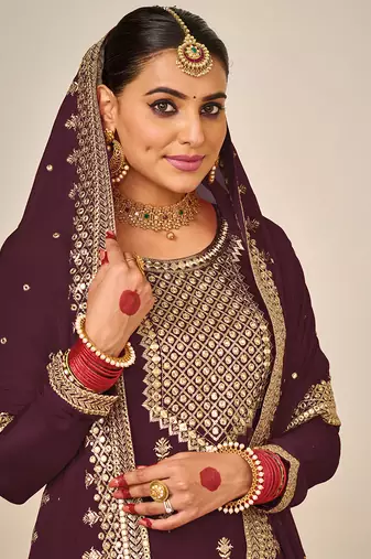 Brown embroidery & sequence work faux georgette palazzo