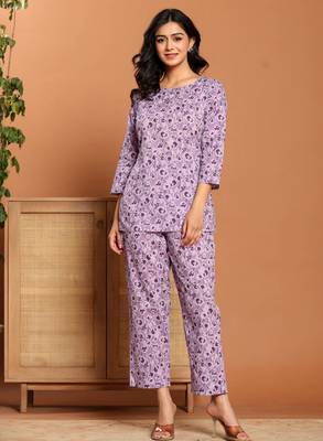Purple printed cotton coord set 1