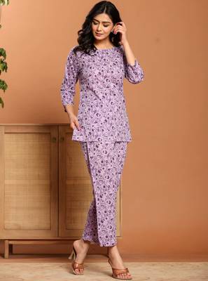 Purple printed cotton coord set 3