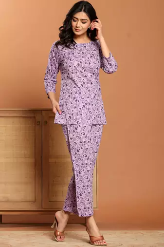 Purple printed cotton coord set
