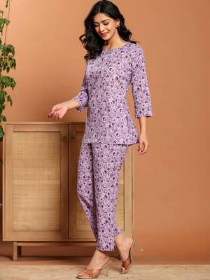 Purple printed cotton coord set 4