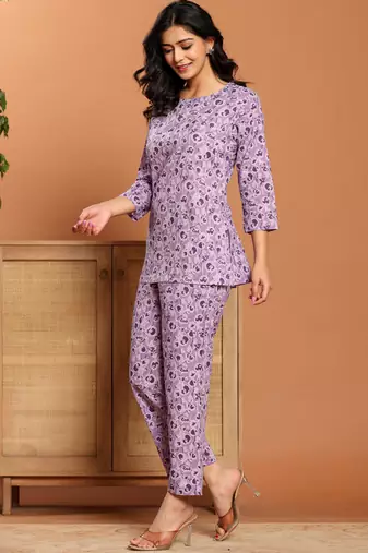 Purple printed cotton coord set