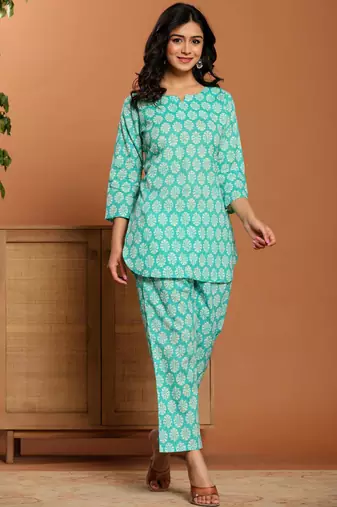 Green printed cotton coord set
