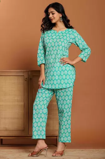 Green printed cotton coord set
