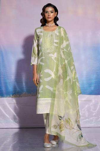 fern green embroidered cotton kurta sets