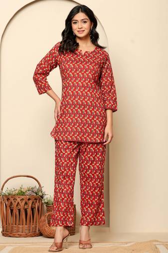 Red printed cotton coord set