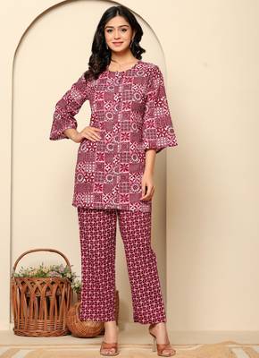 Maroon printed cotton co- ord set 1
