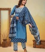 aqua blue printed cotton kurta sets