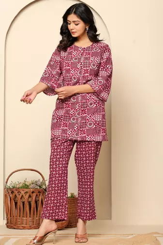 Maroon printed cotton co- ord set