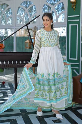 arctic green printed cotton kurta sets