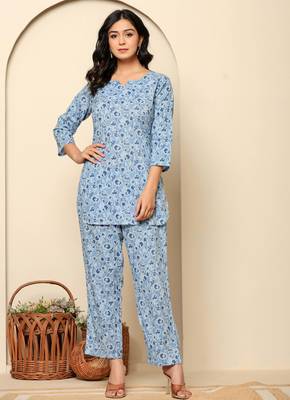 Blue printed cotton coord set 1