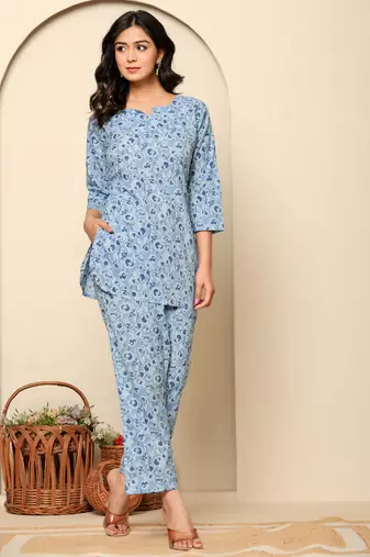 Blue printed cotton coord set