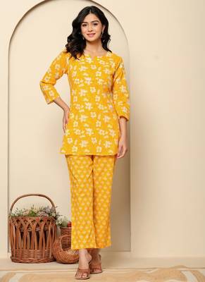 Yellow printed cotton co- ord set 1