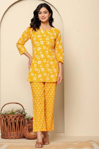 Yellow printed cotton co- ord set
