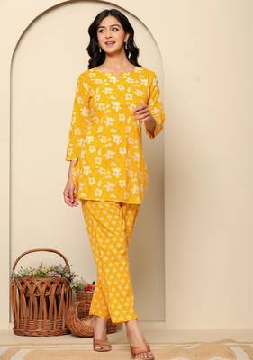 Yellow printed cotton co- ord set 3