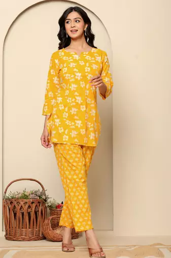 Yellow printed cotton co- ord set