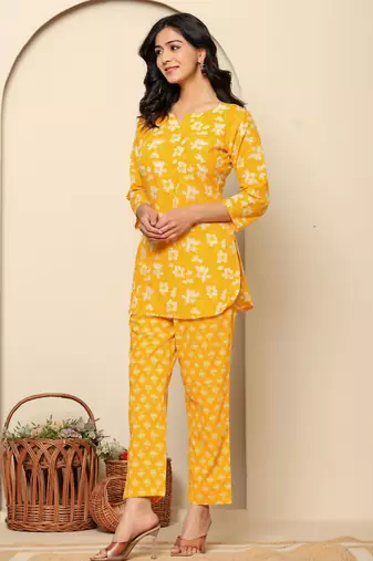 Yellow printed cotton co- ord set