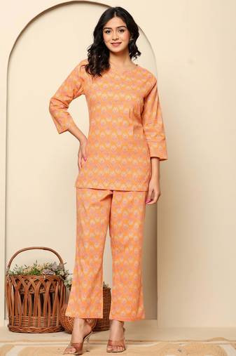 Peach printed cotton co- ord set